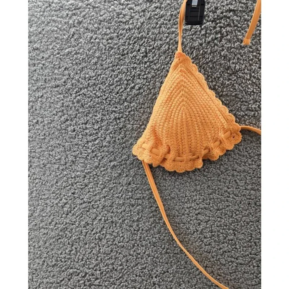 Salt + Cove Crochet Halter Triangle Bikini Juniors' L Tangerine Zing Back Tie